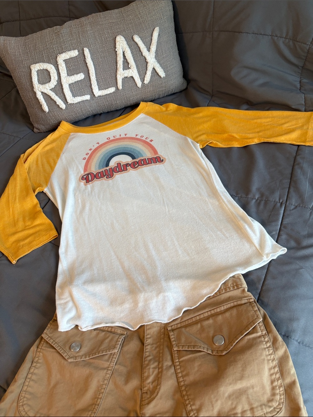 Women's Retro Yellow & White 'Daydream' Raglan Tee Rainbow S Ringer Top Shirt